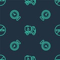 Set line Fuel tanker truck, Clock and No Smoking on seamless pattern. Vector