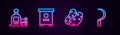 Set line Full sack and wooden box, Hive for bees, Potato and Sickle. Glowing neon icon. Vector