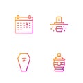 Set line Funeral urn, Coffin with cross, Calendar death and Grave coffin. Gradient color icons. Vector