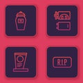 Set line Funeral urn, Grave with tombstone, Crematorium and Speech bubble rip death. Blue square button. Vector