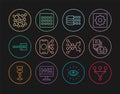 Set line Funnel or filter, Artificial intelligence robot, Binary code, Neural network, and icon. Vector Royalty Free Stock Photo