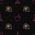 Set line Funnel or filter, Atom and Mortar and pestle on seamless pattern. Vector Royalty Free Stock Photo