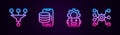 Set line Funnel or filter, Cloud technology data transfer, Robot setting and Neural network. Glowing neon icon. Vector