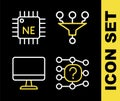Set line Funnel or filter, Neural network, Computer monitor and Processor CPU icon. Vector Royalty Free Stock Photo