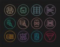 Set line Funnel or filter, Neural network, Server, Photo retouching, Artificial intelligence robot, AI and Processor CPU Royalty Free Stock Photo