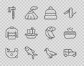 Set line Fur seal animal, Car, Beanie hat, Fish, Wooden axe, Viking ship Drakkar, Albatross and Hotdog sandwich icon