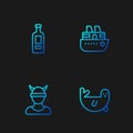 Set line Fur seal animal, Viking head, Bottle of vodka and Cruise ship. Gradient color icons. Vector Royalty Free Stock Photo