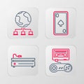 Set line Game console with joystick, Video game, Playing card diamonds and Computer network icon. Vector Royalty Free Stock Photo