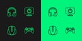 Set line Game controller or joystick, Computer mouse, Headphones and Power button icon. Vector Royalty Free Stock Photo