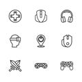 Set line Game controller or joystick, Computer mouse, Power button, Headphones, and Virtual reality glasses icon. Vector Royalty Free Stock Photo