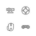 Set line Game controller or joystick, Computer mouse, Web camera and icon. Vector Royalty Free Stock Photo