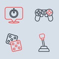 Set line Game controller or joystick, dice, Gear shifter and Power button icon. Vector Royalty Free Stock Photo