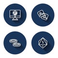 Set line Game dice, Bingo, Checker game chips and with long shadow. Blue circle button. Vector