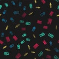 Set line Game dice, Computer keyboard, Sword for game and Create account screen on seamless pattern. Vector Royalty Free Stock Photo