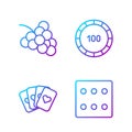 Set line Game dice, Deck of playing cards, Casino slot machine with grape and Casino chips. Gradient color icons. Vector Royalty Free Stock Photo