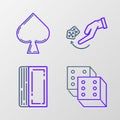 Set line Game dice, Deck of playing cards, Human hand throwing game and Playing with spades symbol icon. Vector Royalty Free Stock Photo