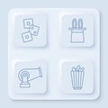 Set line Game dice, Magician hat and rabbit ears, Cannon and Popcorn in box. White square button. Vector Royalty Free Stock Photo