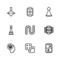 Set line Game dice, Table football, Air hockey table, Board game, Chip for board, Whirligig toy, and Chess icon. Vector