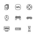 Set line Game life bar, controller or joystick, Old hourglass, Playing cards, Level game and Computer mouse icon. Vector Royalty Free Stock Photo