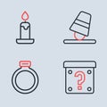 Set line Game thimbles, Magic stone ring, Mystery box and Burning candle icon. Vector