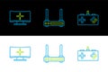 Set line Gamepad, Computer monitor and Router and wi-fi signal icon. Vector