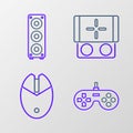 Set line Gamepad, Computer mouse gaming, Portable video game console and Stereo speaker icon. Vector Royalty Free Stock Photo