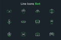 Set line Gamepad, 3d modeling, Augmented reality AR, Virtual glasses and VR controller game icon. Vector