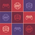 Set line Gamepad, 3d modeling and 360 degree view icon. Vector Royalty Free Stock Photo