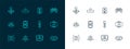 Set line Gamepad, 3d modeling, VR controller game, and Virtual reality glasses icon. Vector Royalty Free Stock Photo