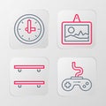 Set line Gamepad, Empty wooden shelves, Picture and Clock icon. Vector