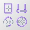 Set line Gamepad, Headphones, Router and wi-fi signal and Tablet icon. Vector