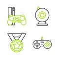 Set line Gamepad, Medal, Web camera and console with joystick icon. Vector