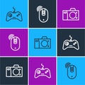 Set line Gamepad, Photo camera and Wireless computer mouse icon. Vector