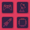 Set line Gamepad, Rocket ship with fire, Radar and Processor with microcircuits CPU. Blue square button. Vector