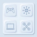 Set line Gamepad, Social network, Laptop and Drone flying. White square button. Vector