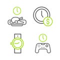 Set line Gamepad of time, Wrist watch, Time money and Food icon. Vector