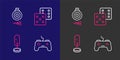 Set line Gamepad, Tree, dice and Classic dart board and arrow icon. Vector