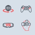 Set line Gamepad, Virtual reality glasses, and 3d modeling icon. Vector