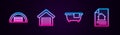 Set line Garage, , Bathtub and House contract. Glowing neon icon. Vector
