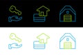 Set line Garage, House key and Credit card icon. Vector Royalty Free Stock Photo