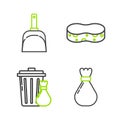 Set line Garbage bag, Trash can and garbage, Sponge and Dustpan icon. Vector