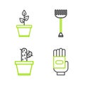 Set line Garden gloves, Cactus and succulent in pot, rake and Plant icon. Vector Royalty Free Stock Photo