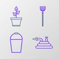 Set line Garden hose or fire hose, Bucket, pitchfork and Plant in pot icon. Vector Royalty Free Stock Photo