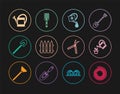 Set line Garden hose or fire hose, Watering can, fence, shovel, Gardening handmade scissor and fork icon. Vector Royalty Free Stock Photo