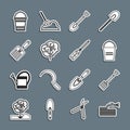 Set line Garden hose or fire hose, pitchfork, Bucket, shovel, Tree, and Gardening handmade scissor icon. Vector Royalty Free Stock Photo