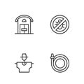 Set line Garden hose, Scarecrow, Farm house and Stop colorado beetle icon. Vector