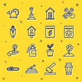 Set line Garden light lamp, Flower, Pack full of seeds of plant, Farm house, Bird, Corn, Watering can and icon. Vector