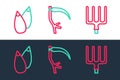 Set line Garden pitchfork, Seed and Scythe icon. Vector