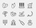 Set line Garden pitchfork, Seeds in bowl, Wheat, Farmer the hat, Coffee beans, Pistachio nuts, Scoop flour and Sickle Royalty Free Stock Photo