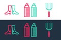 Set line Garden pitchfork, Ukrainian footwear and Two towers Dnipro icon. Vector Royalty Free Stock Photo